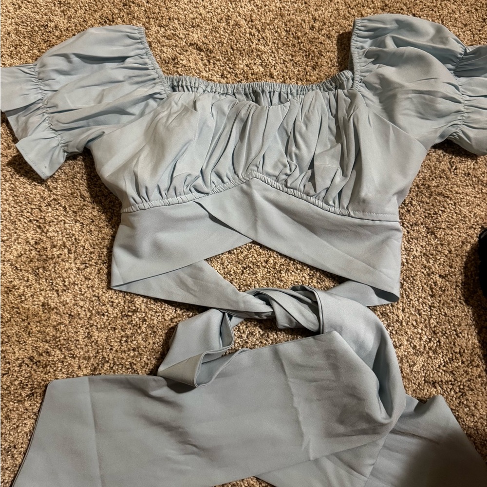 Lyaner Blue Ruched Tie Front Blouse